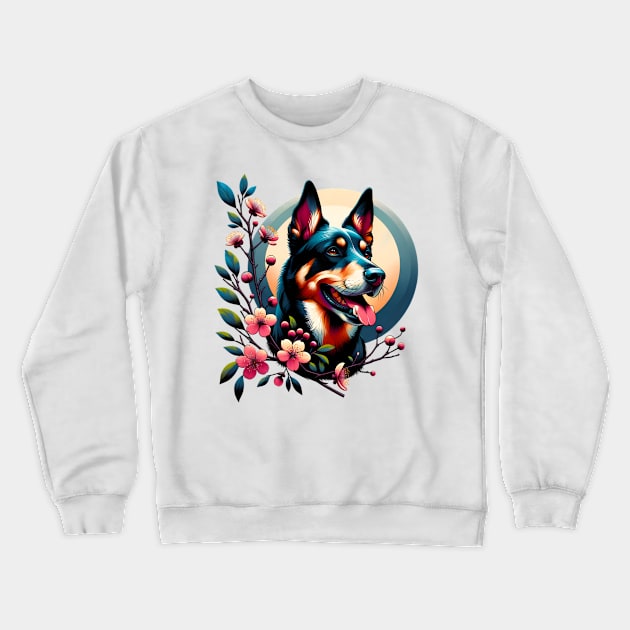 Working Kelpie Joy in Spring with Cherry Blossoms and Flowers Crewneck Sweatshirt by ArtRUs